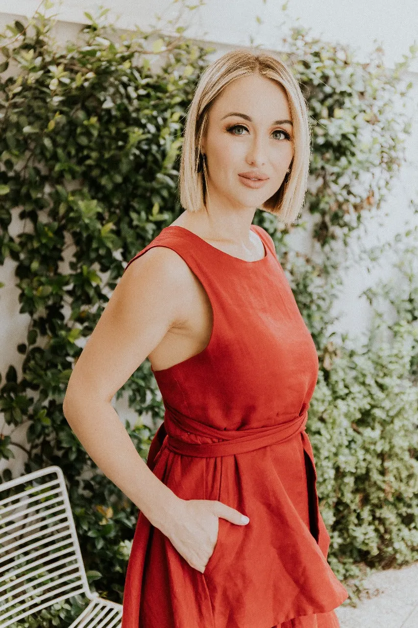 Crimson Breeze Linen Pocket Dress