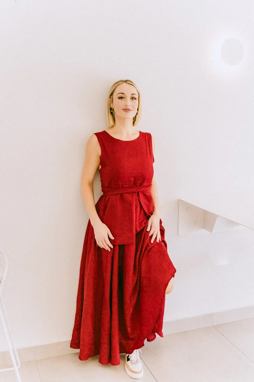Crimson Breeze Linen Pocket Dress
