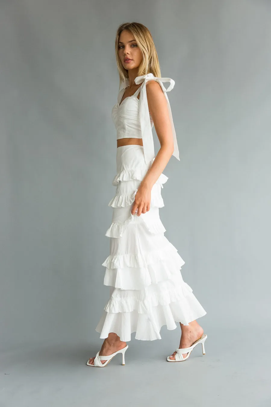 Dawn Bow Strap Bustier Top   Tiered Ruffle Skirt Set