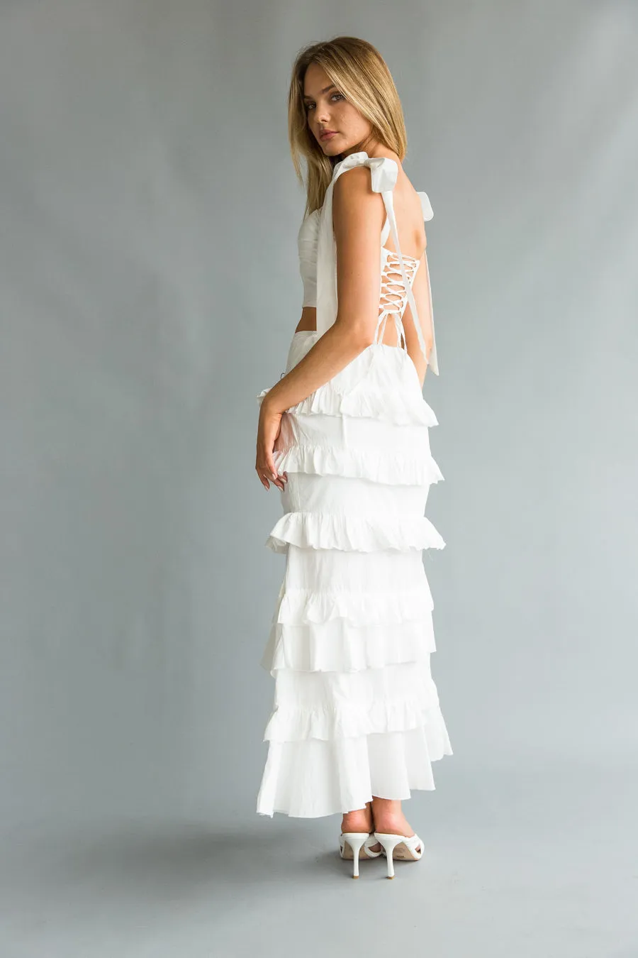Dawn Bow Strap Bustier Top   Tiered Ruffle Skirt Set