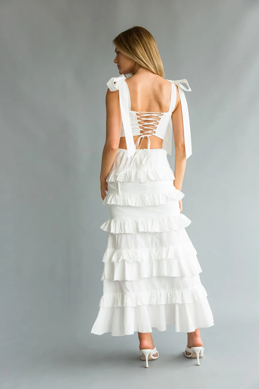 Dawn Bow Strap Bustier Top   Tiered Ruffle Skirt Set