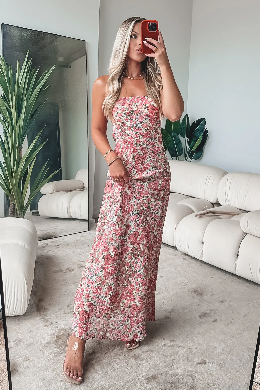 DEAL Formally Invited Pink Floral Strapless Maxi Dress
