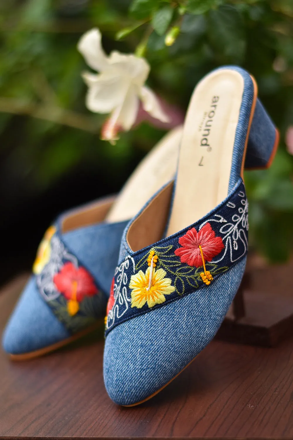 Denim Blue & White Slip-On Heels