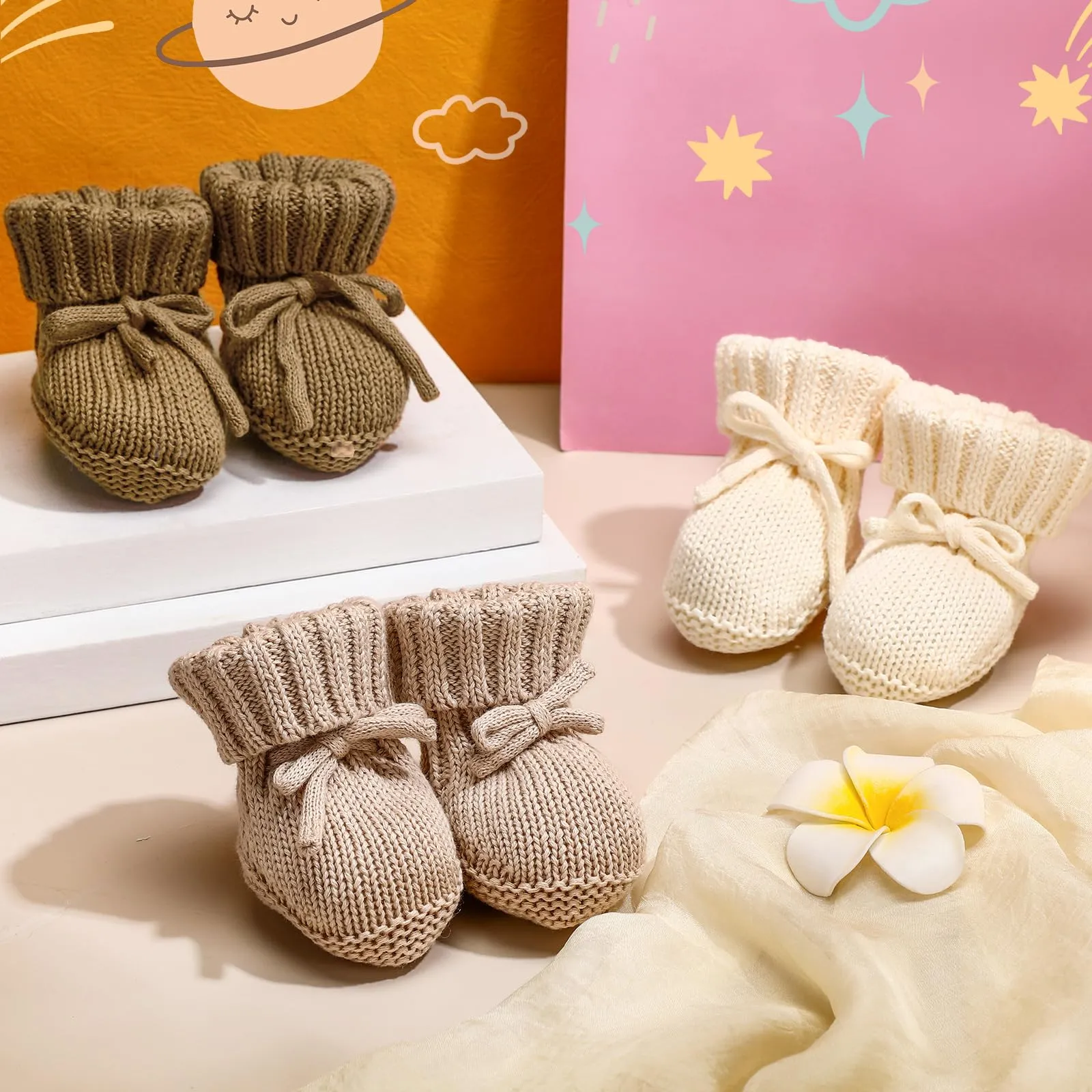 Evervibe 3 Pairs Knitted Baby Booties 0-6 Months Newborn Baby Shoes First Walkers Cozy Shoes for Infant Boy Girl(Beige, Bronze, Light Camel)