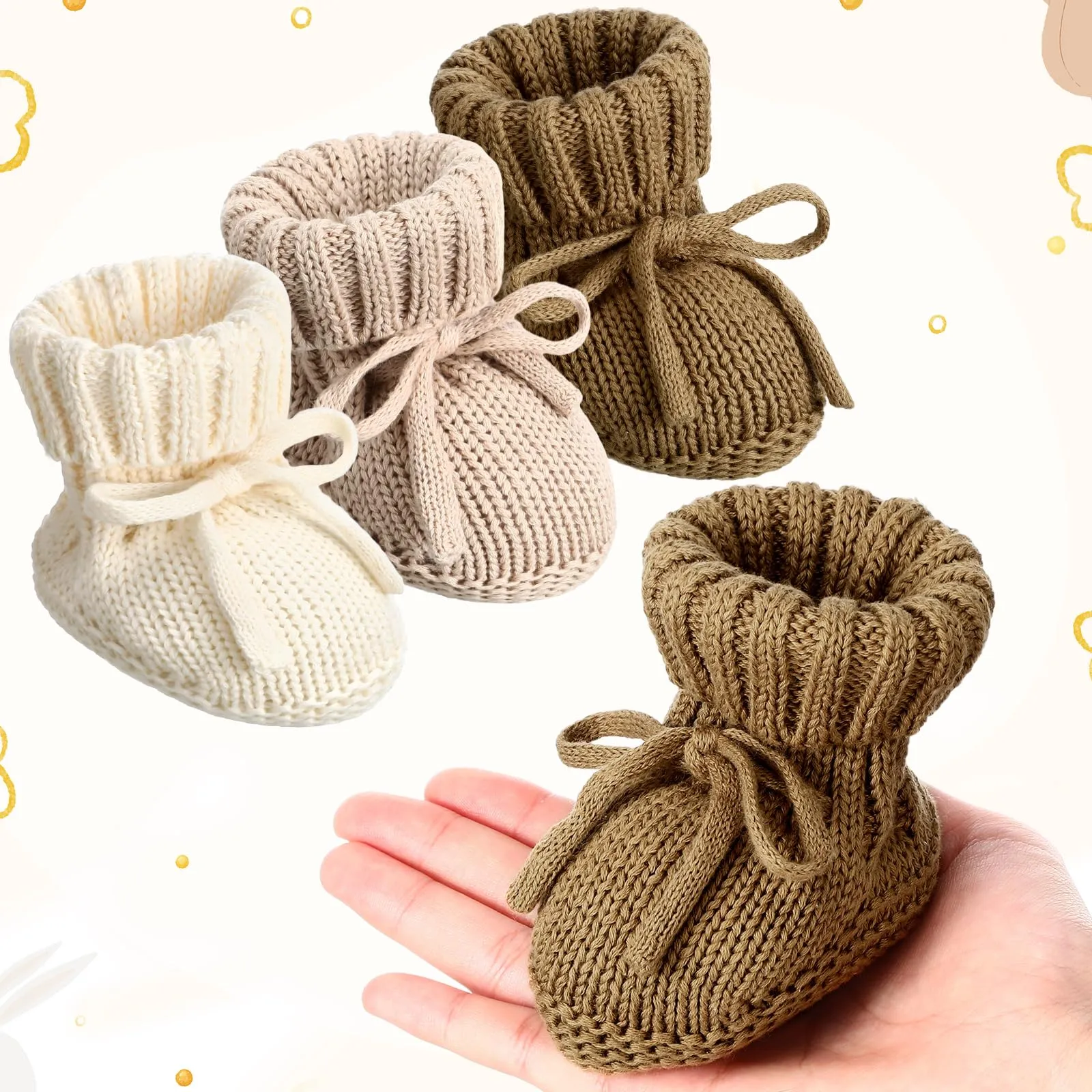 Evervibe 3 Pairs Knitted Baby Booties 0-6 Months Newborn Baby Shoes First Walkers Cozy Shoes for Infant Boy Girl(Beige, Bronze, Light Camel)