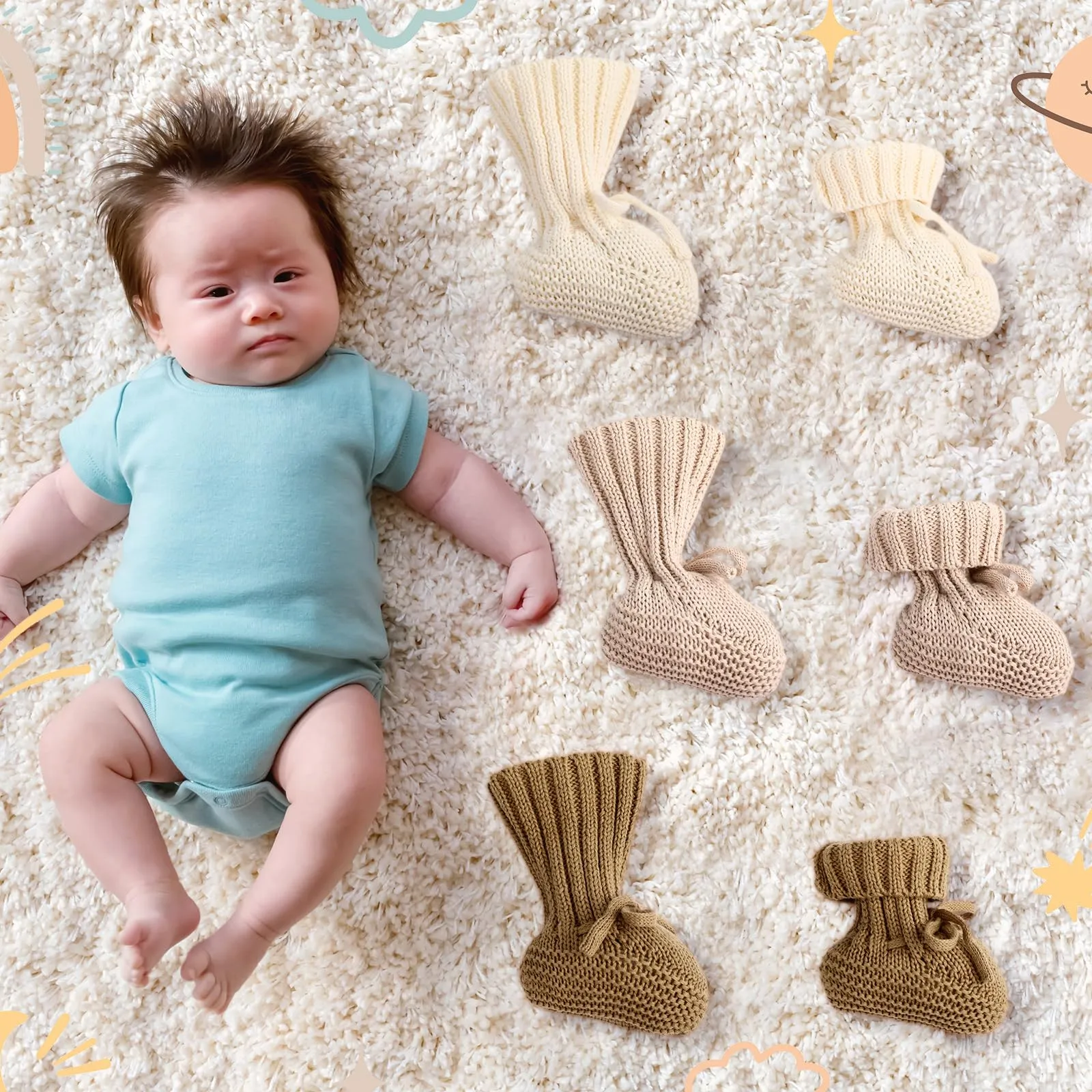 Evervibe 3 Pairs Knitted Baby Booties 0-6 Months Newborn Baby Shoes First Walkers Cozy Shoes for Infant Boy Girl(Beige, Bronze, Light Camel)