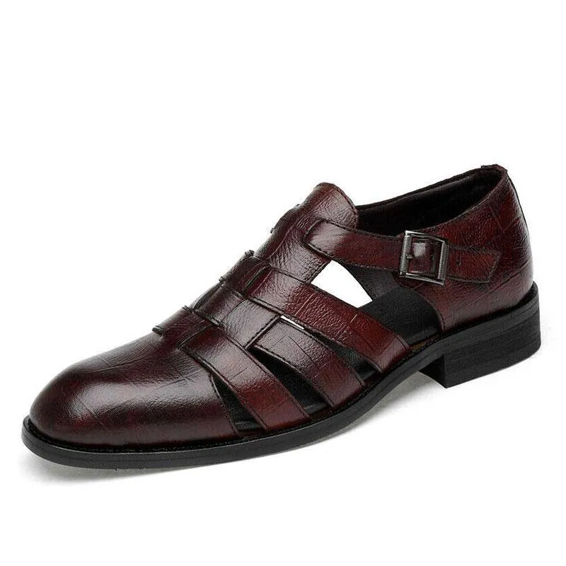 Fanyil Men's Business Casual Sandals Ankle Strap Flats Soft Leather Shoes