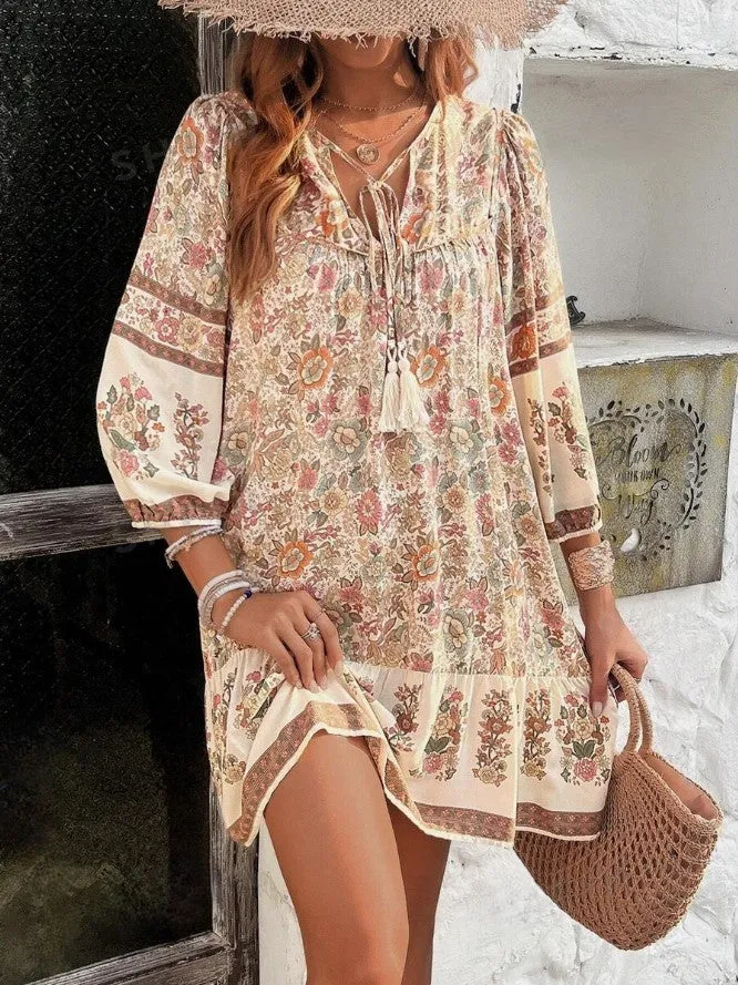 Floral Print Tie V-Neck Ruffle Midi Bohemian Smock Dress