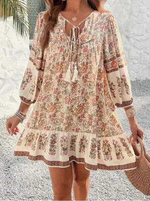 Floral Print Tie V-Neck Ruffle Midi Bohemian Smock Dress