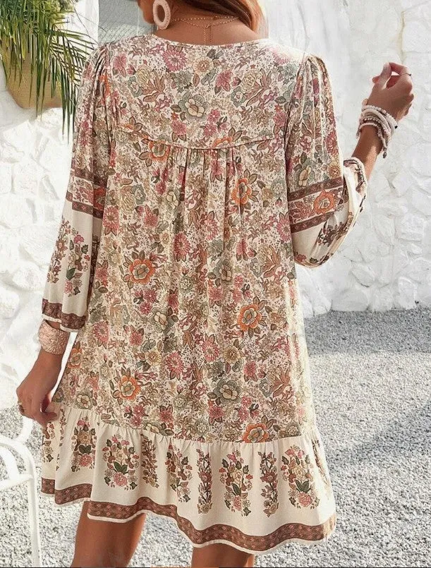 Floral Print Tie V-Neck Ruffle Midi Bohemian Smock Dress