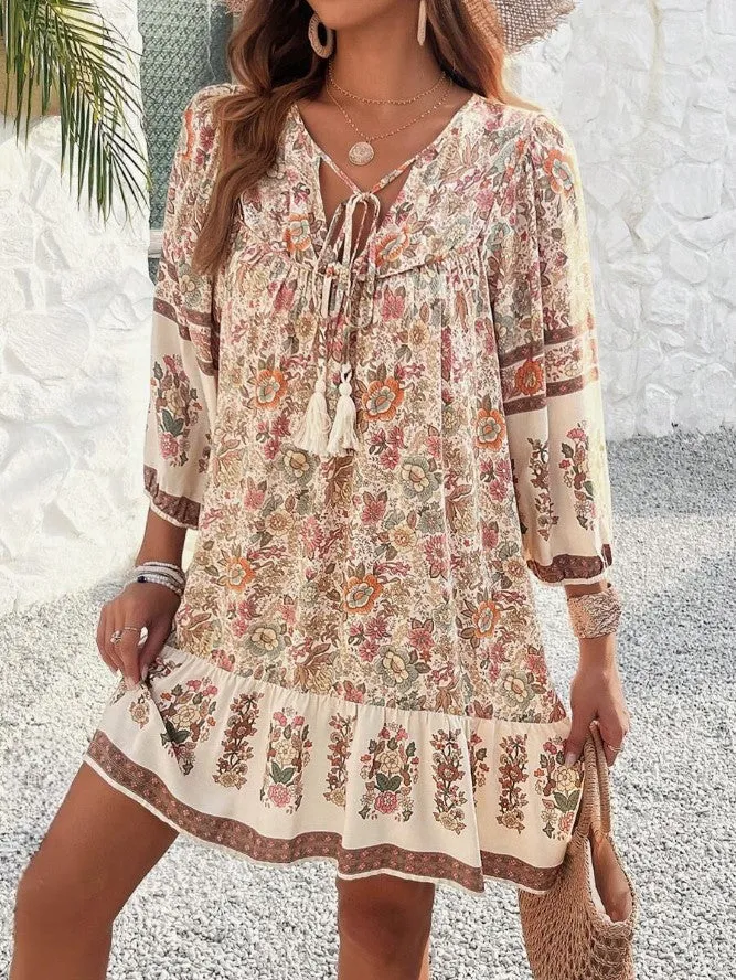 Floral Print Tie V-Neck Ruffle Midi Bohemian Smock Dress