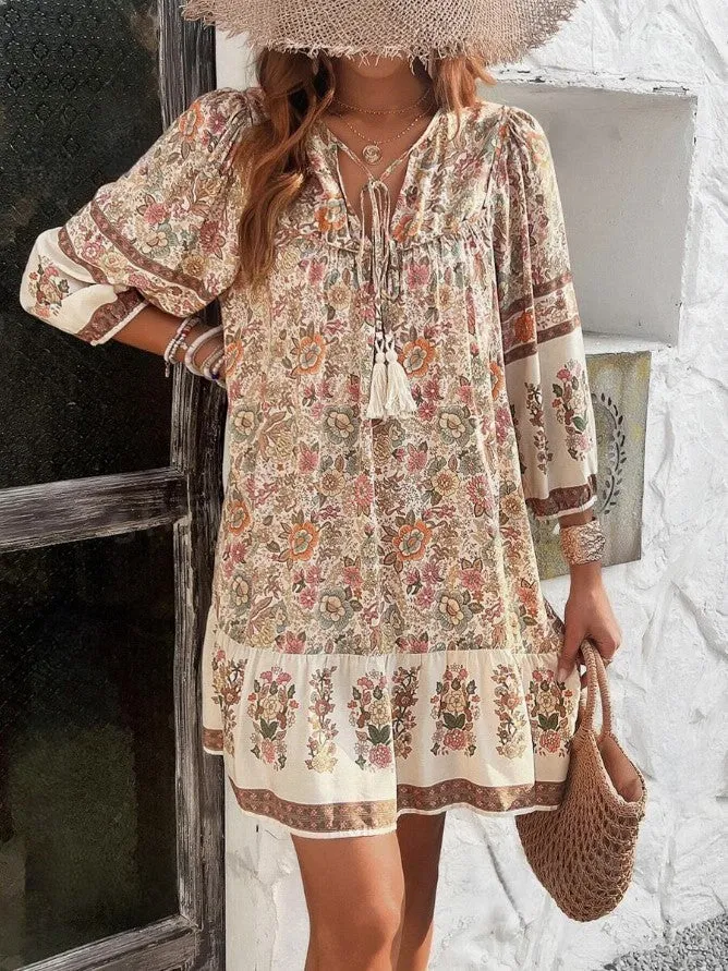 Floral Print Tie V-Neck Ruffle Midi Bohemian Smock Dress