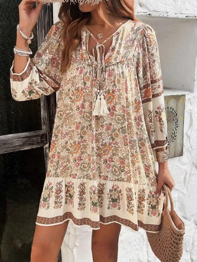 Floral Print Tie V-Neck Ruffle Midi Bohemian Smock Dress