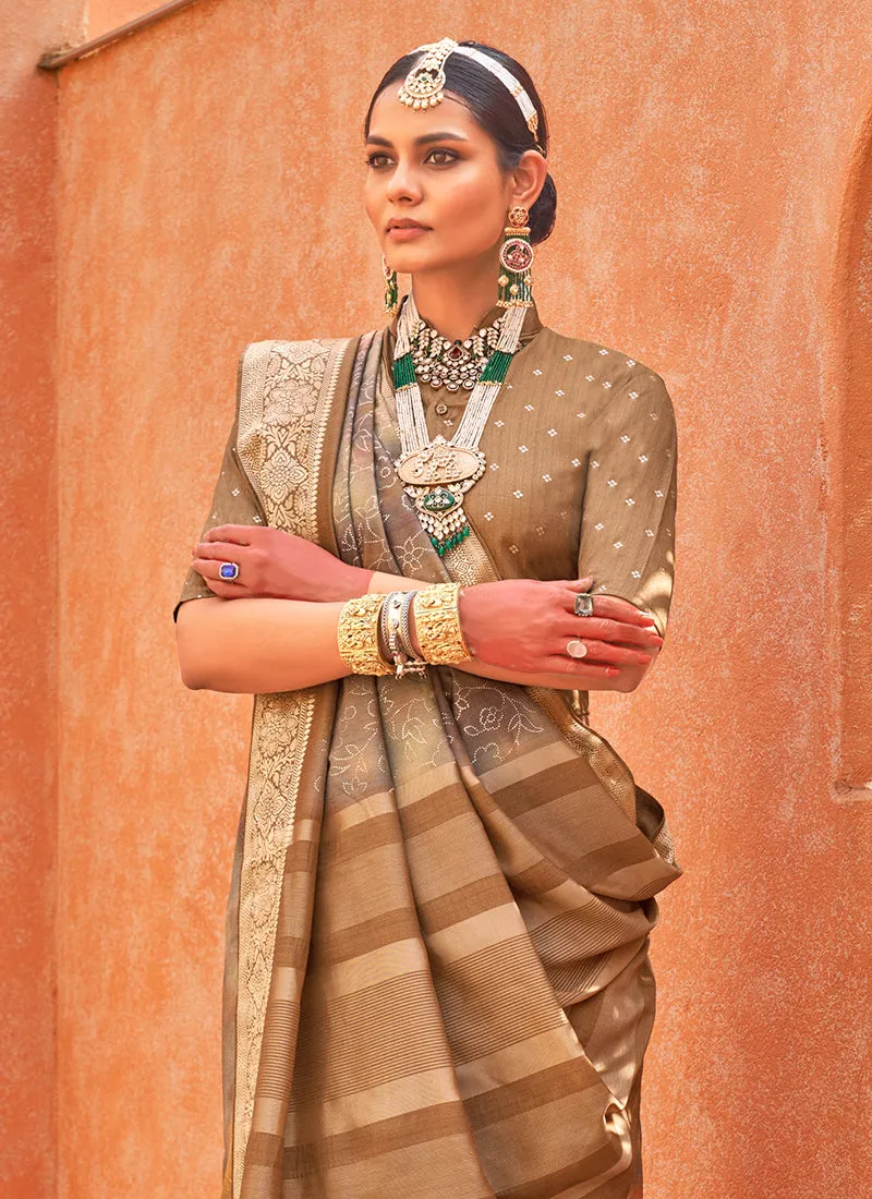 Golden Brown Multicoloured Brocade Weaved Handloom Silk Saree