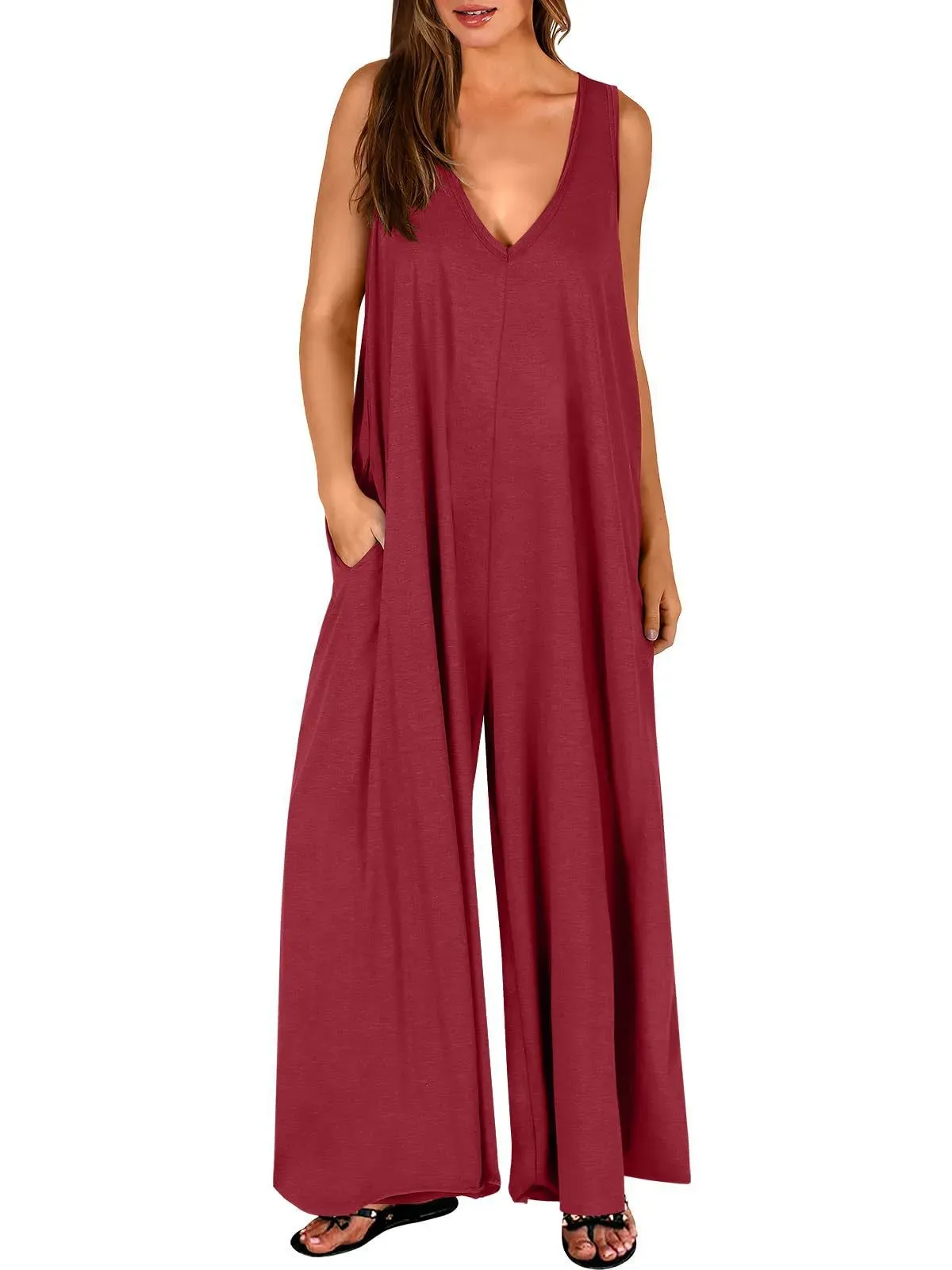 Hannah Sleeveless Deep V-Neck Oversized Wide Leg Jumpsuit