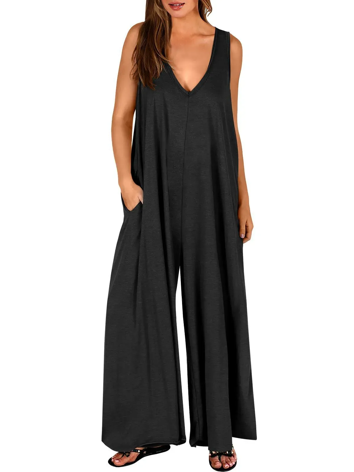 Hannah Sleeveless Deep V-Neck Oversized Wide Leg Jumpsuit
