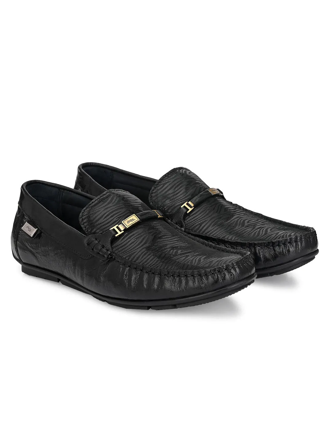 Hitz Men's Black Leather Slip-On Party Wear Laofer Shoes