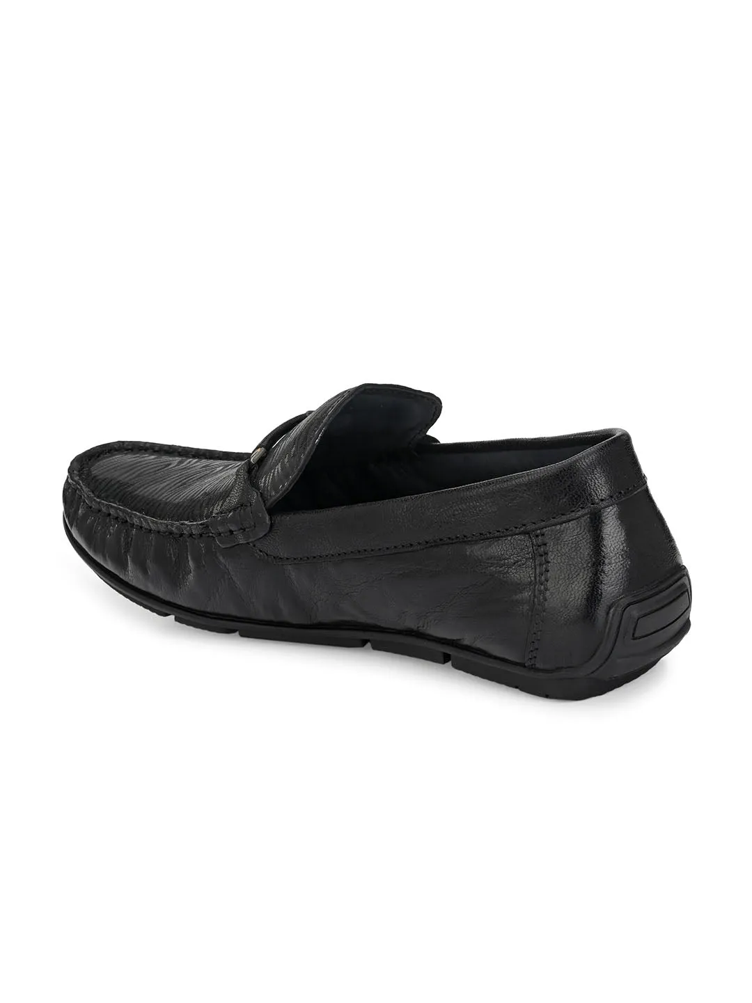 Hitz Men's Black Leather Slip-On Party Wear Laofer Shoes