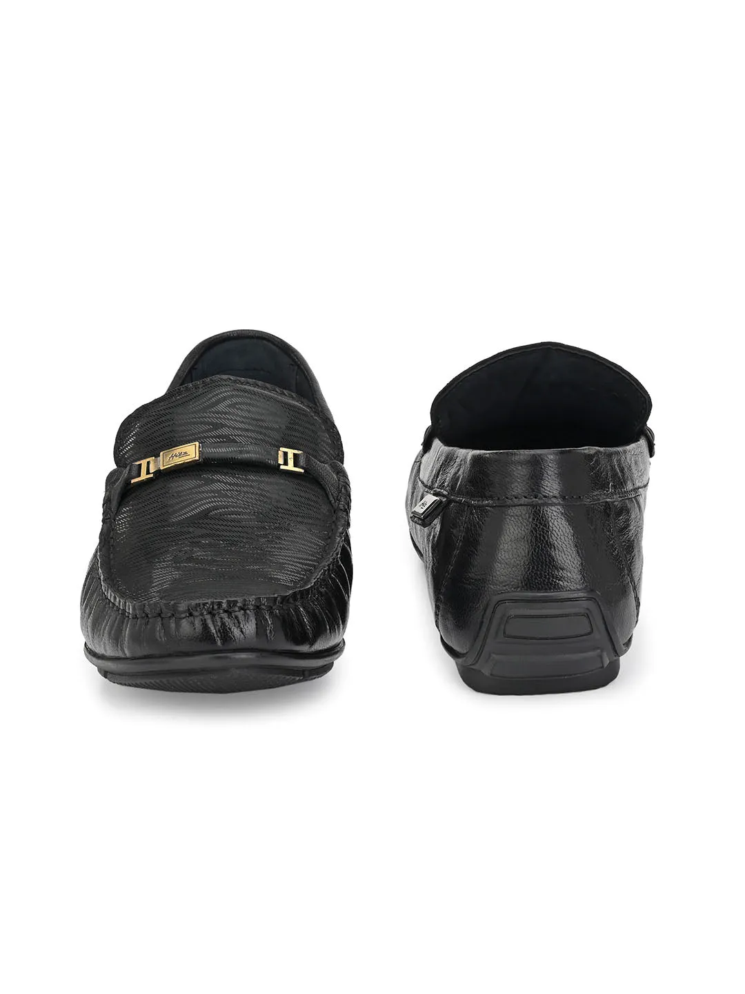 Hitz Men's Black Leather Slip-On Party Wear Laofer Shoes
