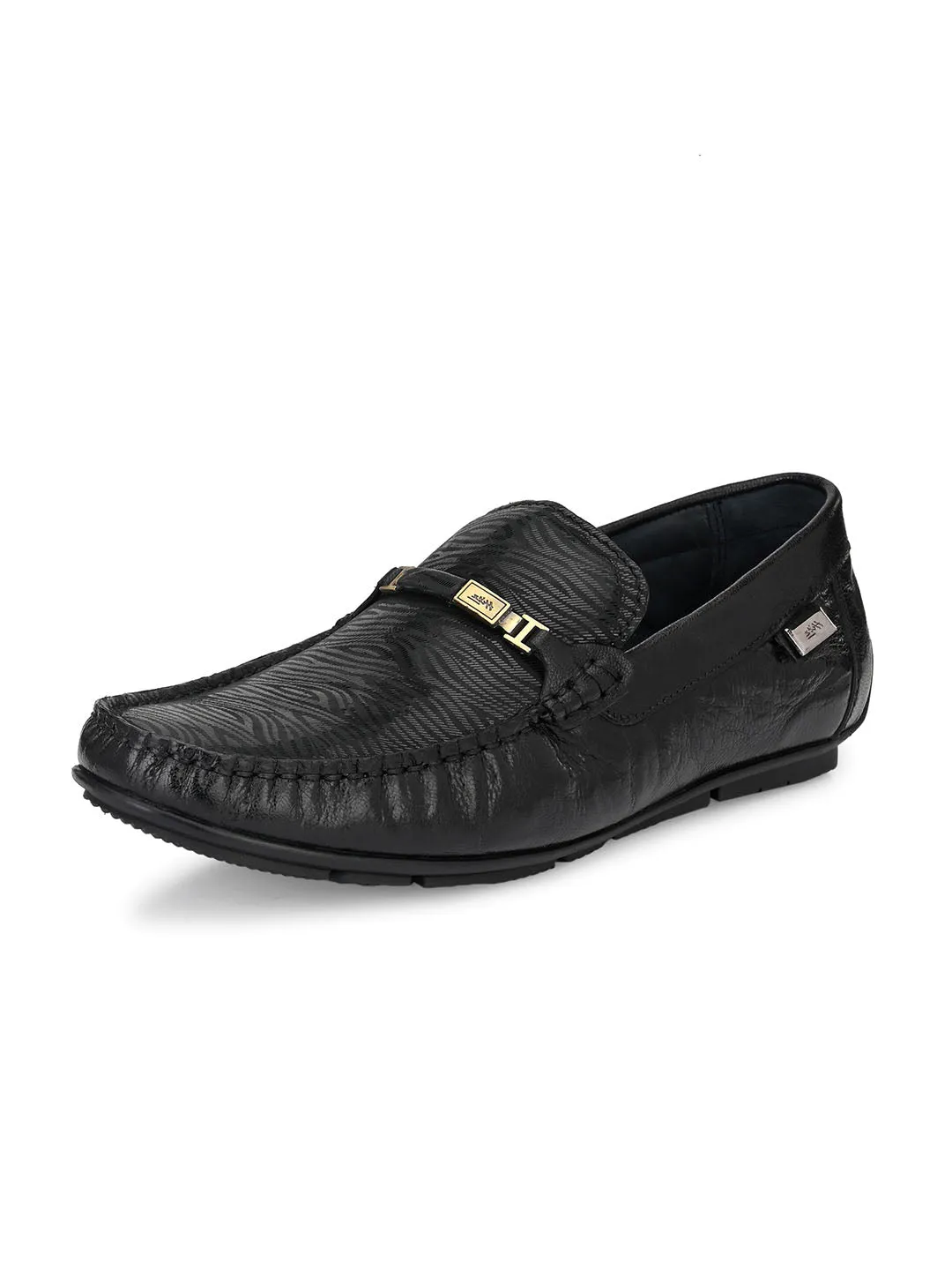 Hitz Men's Black Leather Slip-On Party Wear Laofer Shoes
