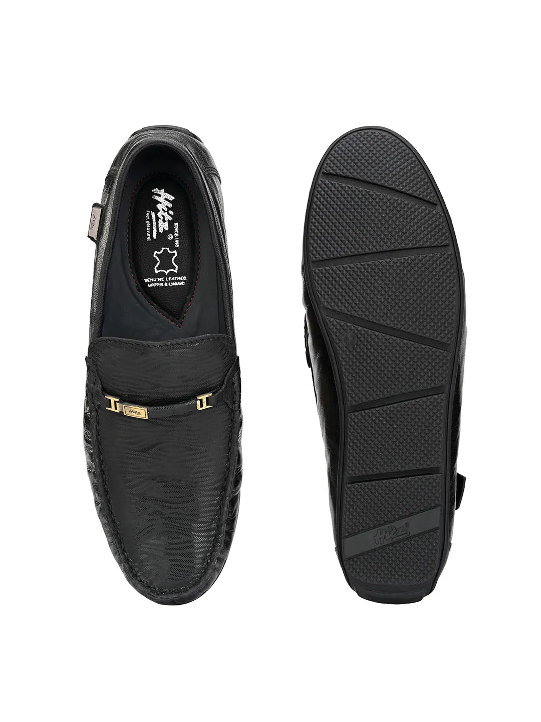 Hitz Men's Black Leather Slip-On Party Wear Laofer Shoes