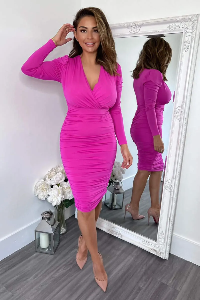 Hot Pink Ruched Long Sleeve Cross Front Midi Dress