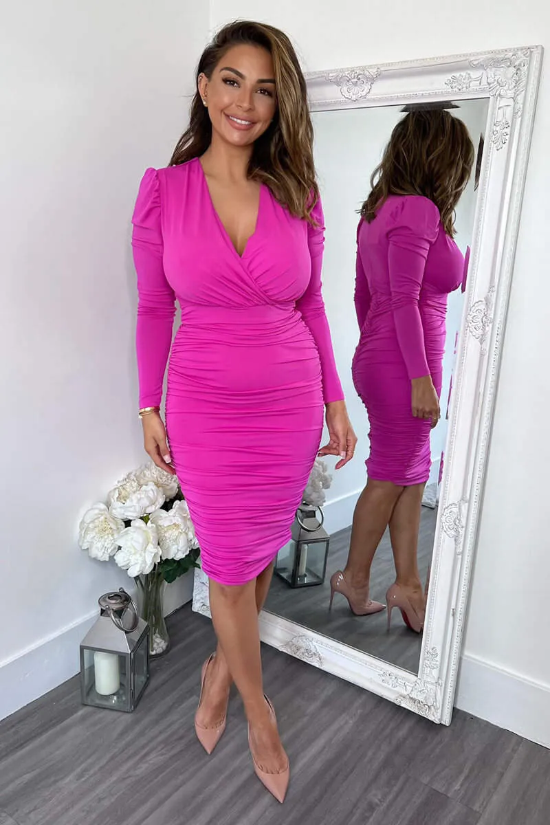 Hot Pink Ruched Long Sleeve Cross Front Midi Dress