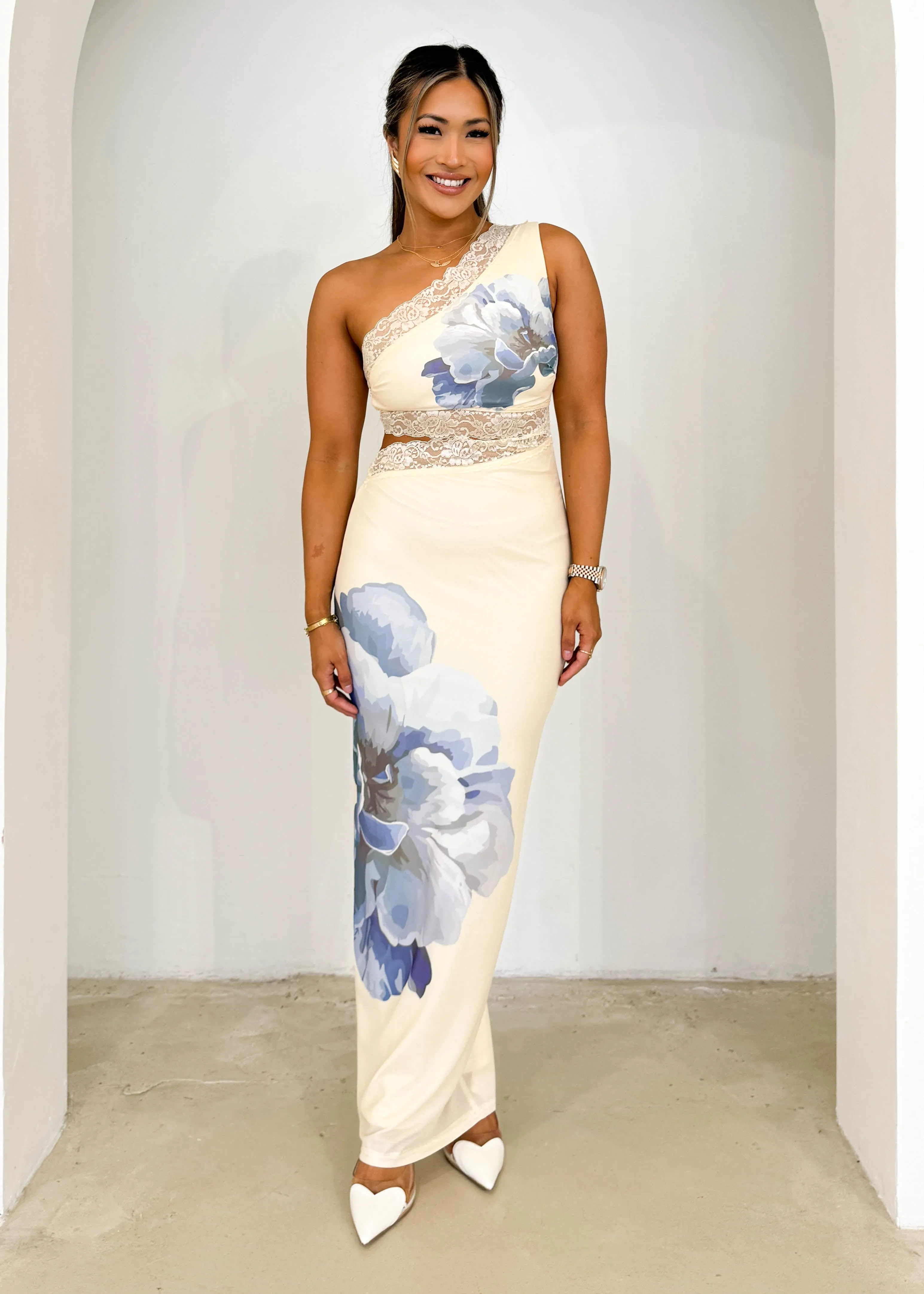 Irae One Shoulder Maxi Dress - Cream Flowers
