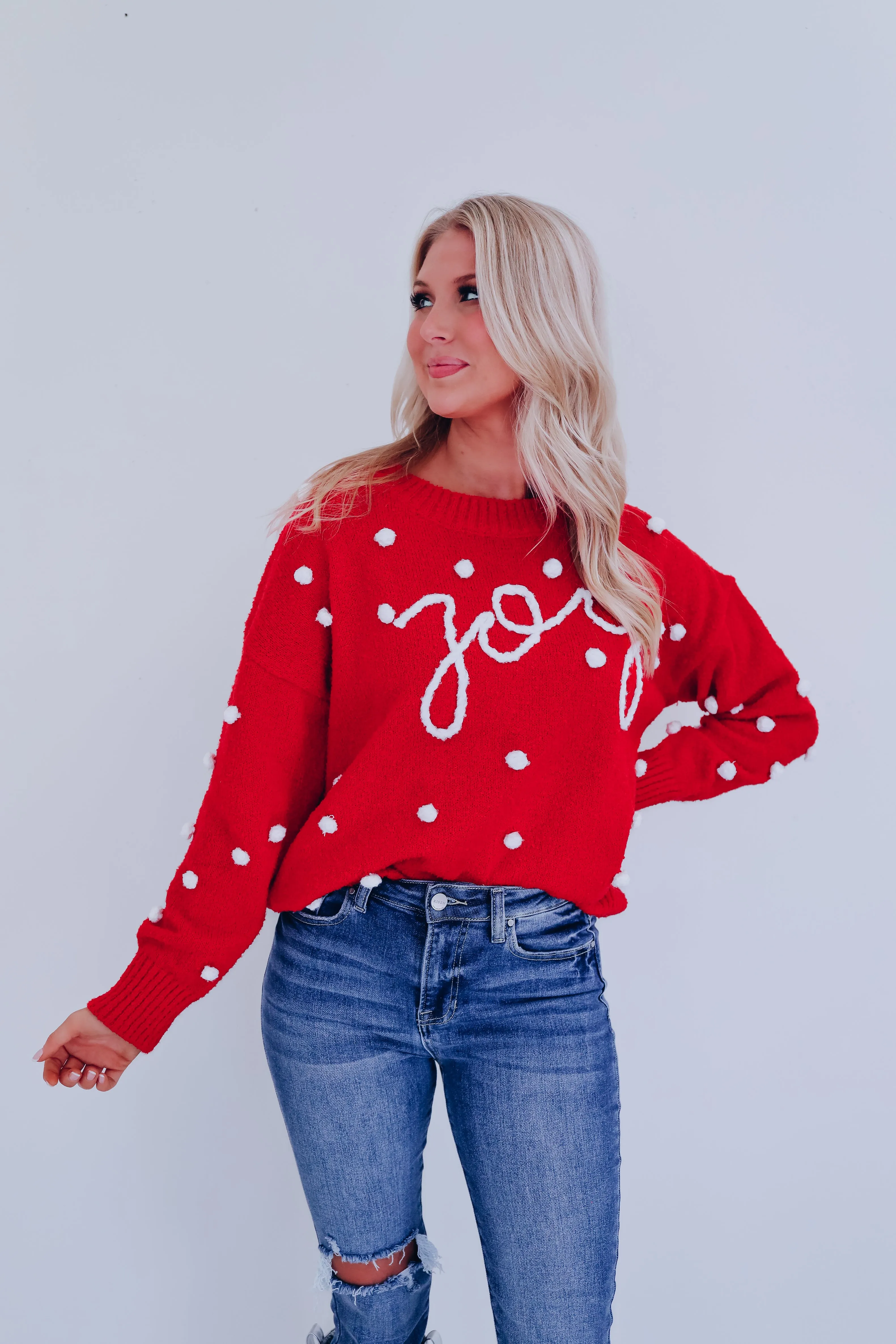 Joy Embroidered Pom Sweater - Red