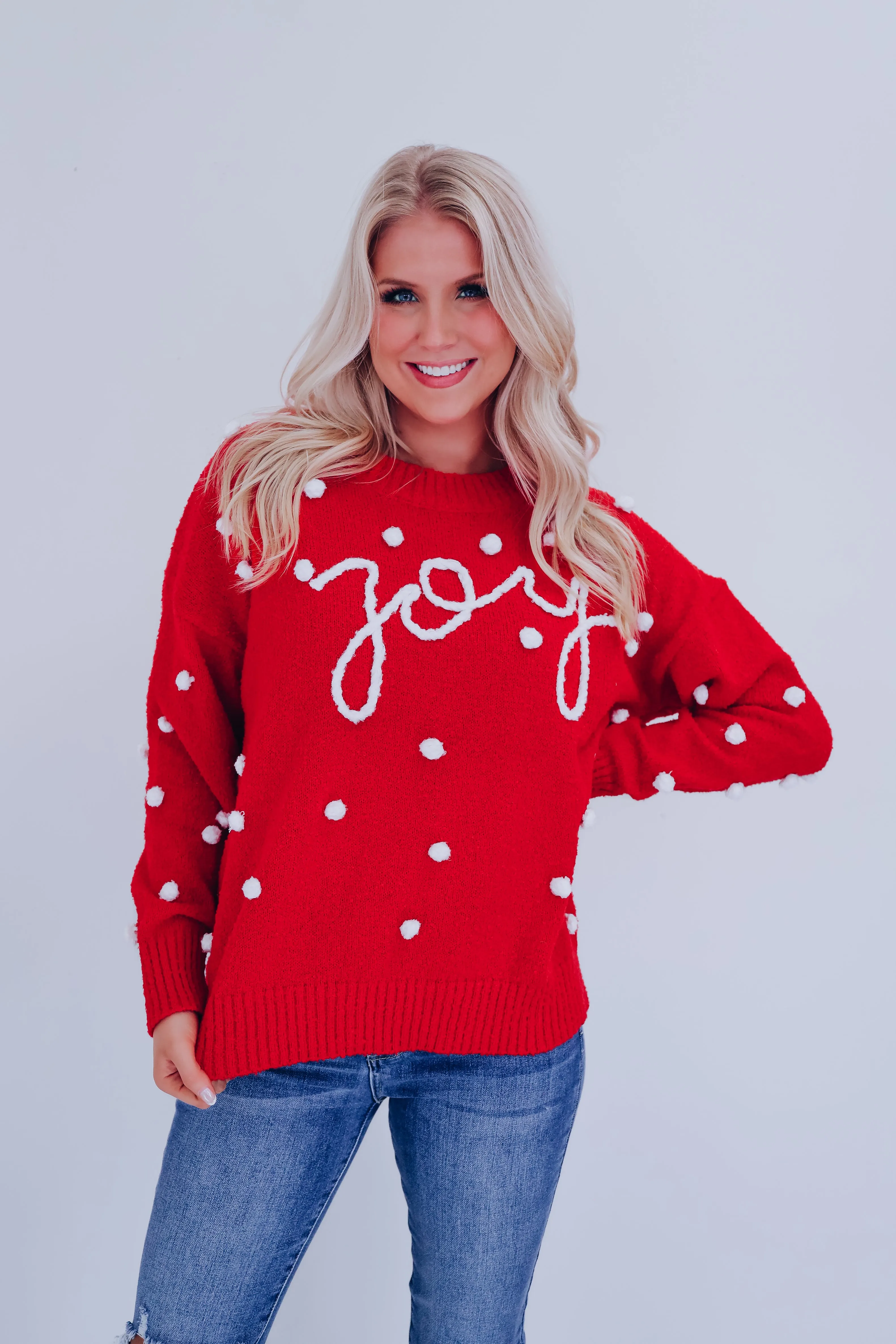 Joy Embroidered Pom Sweater - Red