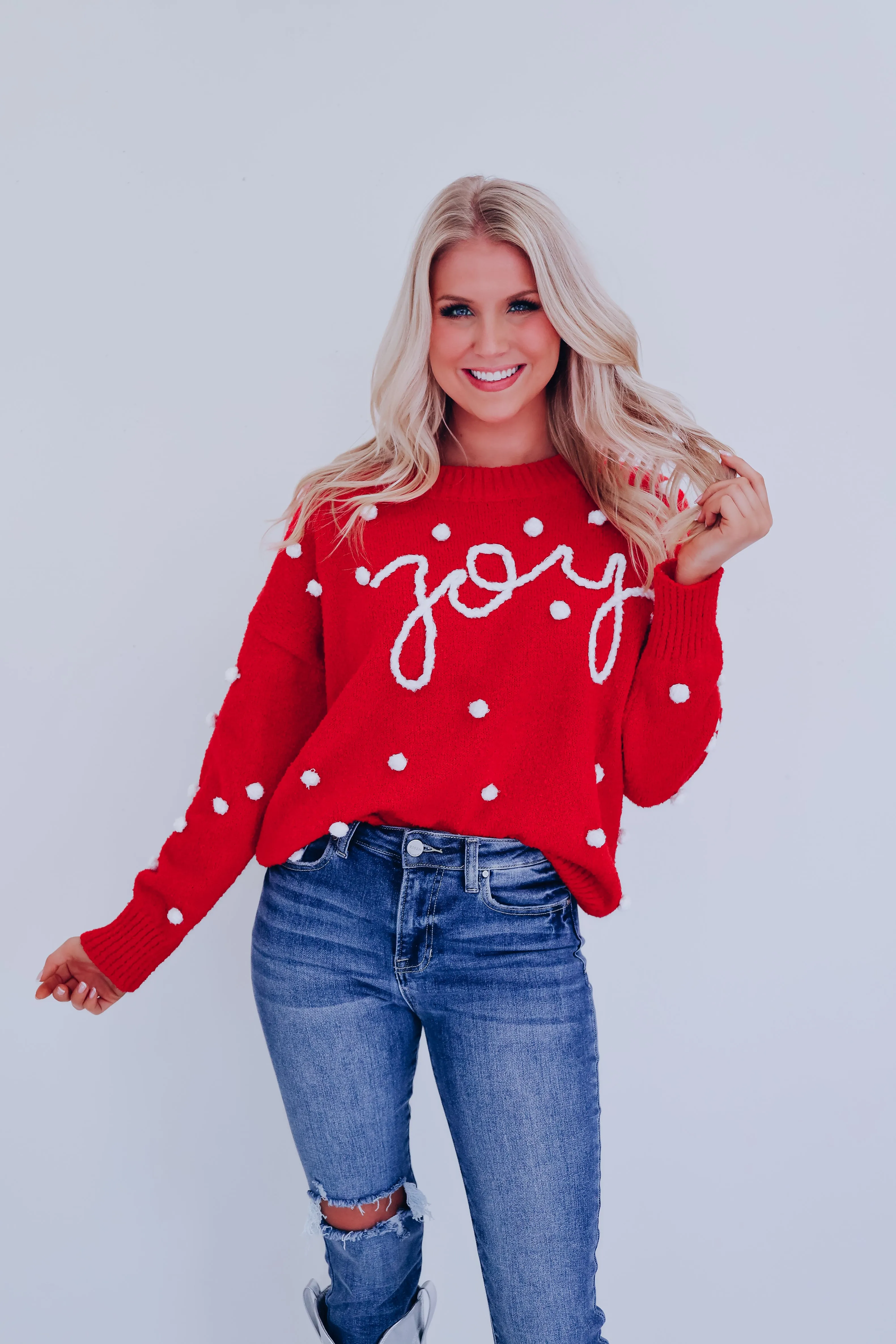 Joy Embroidered Pom Sweater - Red
