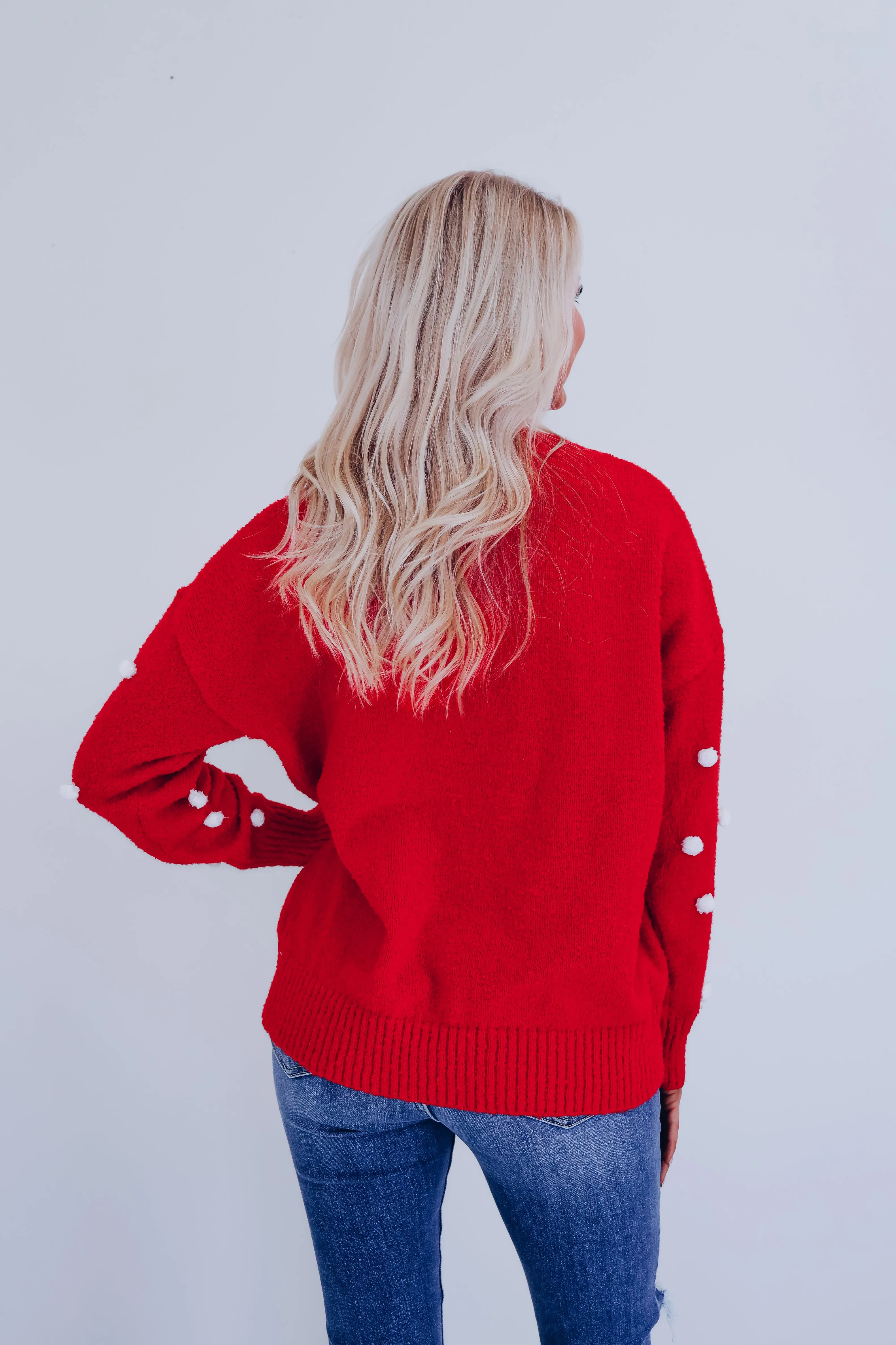 Joy Embroidered Pom Sweater - Red