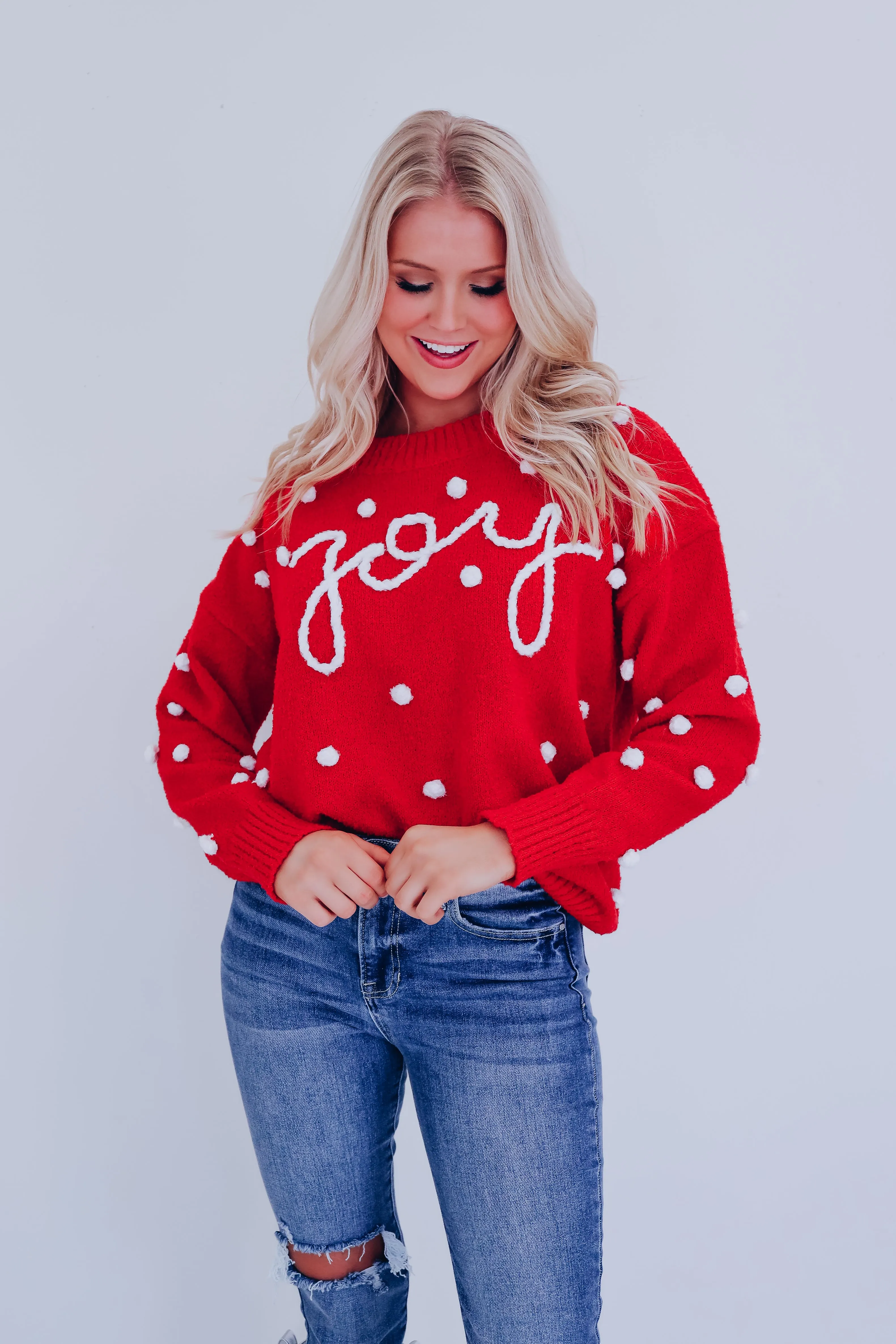 Joy Embroidered Pom Sweater - Red