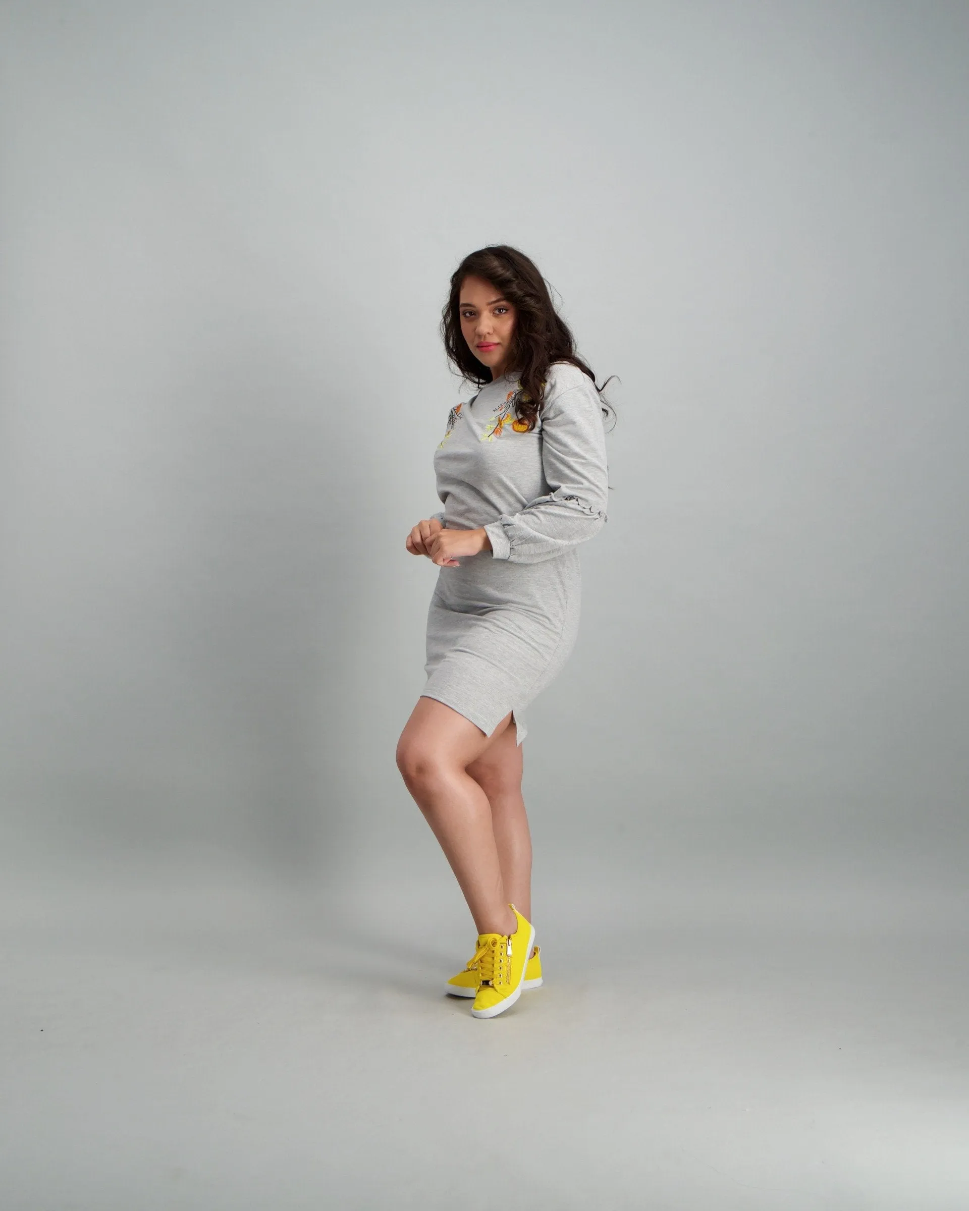 Ladies Floral Embroided Fleece Bayby Doll Dress - Grey Melange