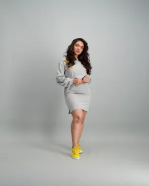 Ladies Floral Embroided Fleece Bayby Doll Dress - Grey Melange