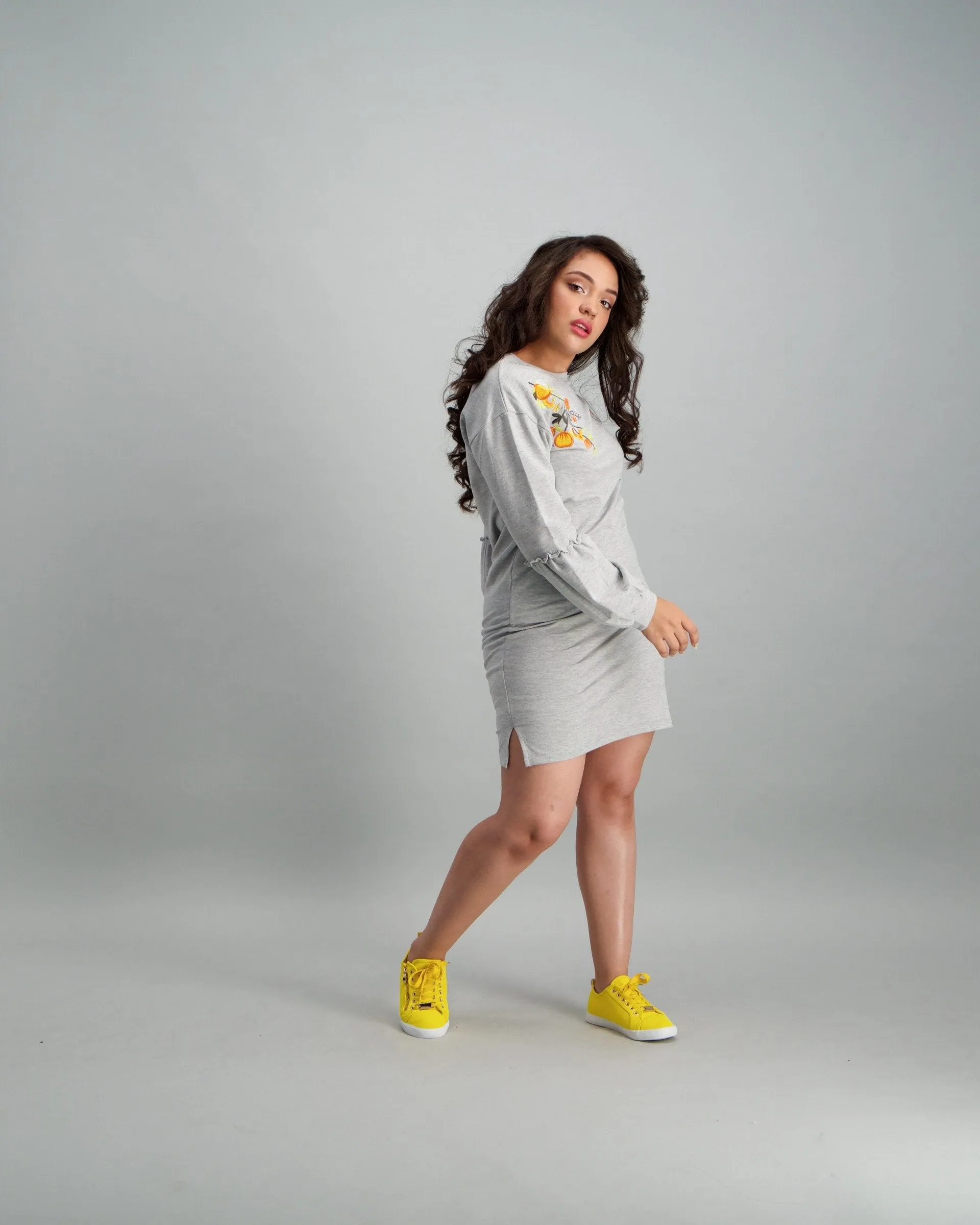 Ladies Floral Embroided Fleece Bayby Doll Dress - Grey Melange