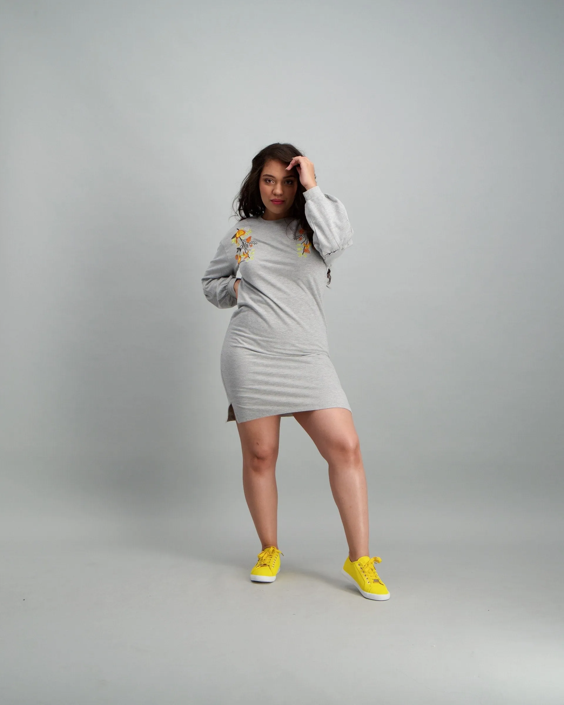 Ladies Floral Embroided Fleece Bayby Doll Dress - Grey Melange