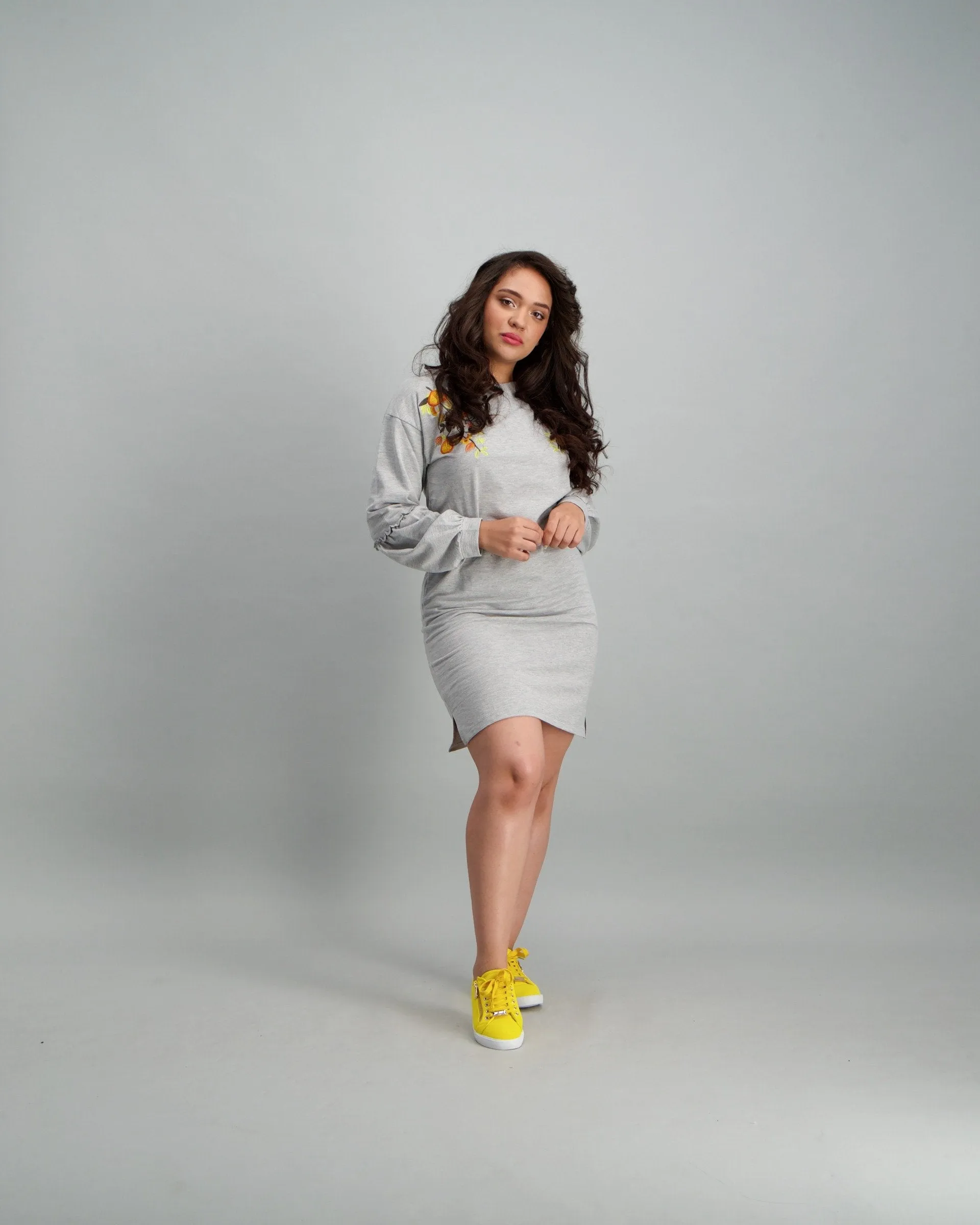 Ladies Floral Embroided Fleece Bayby Doll Dress - Grey Melange