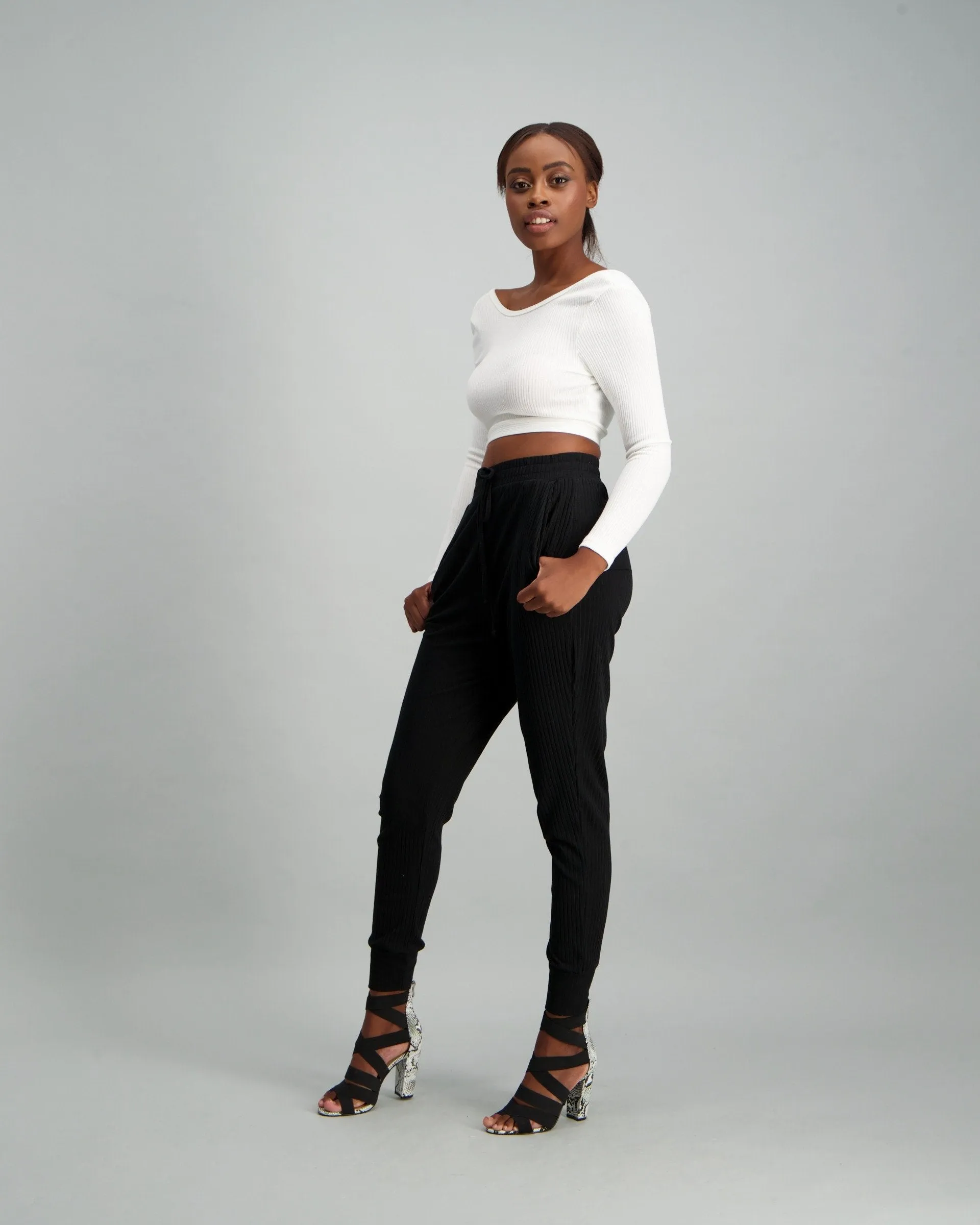 Ladies Long Sleeve V-Back Rib Top - White