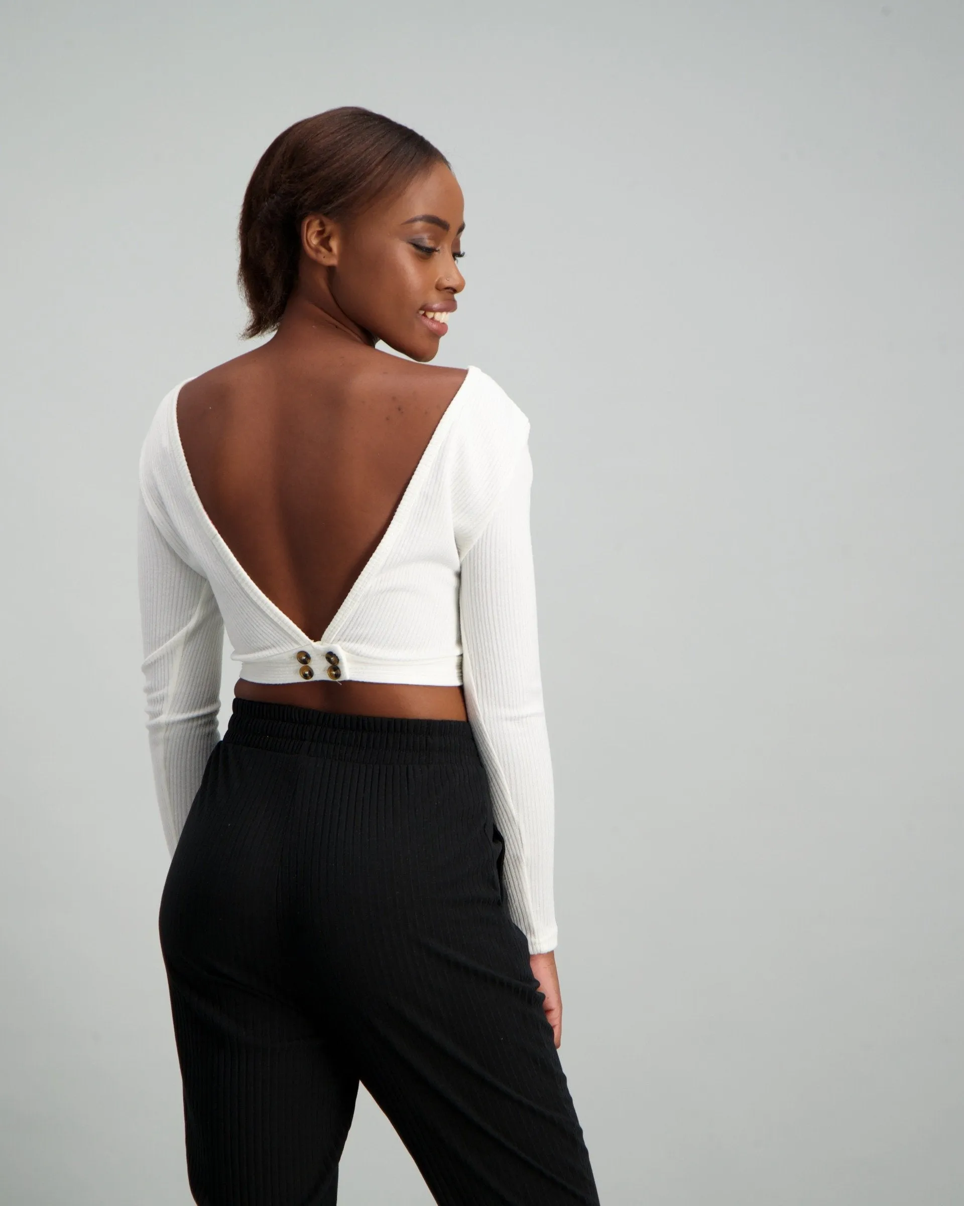 Ladies Long Sleeve V-Back Rib Top - White