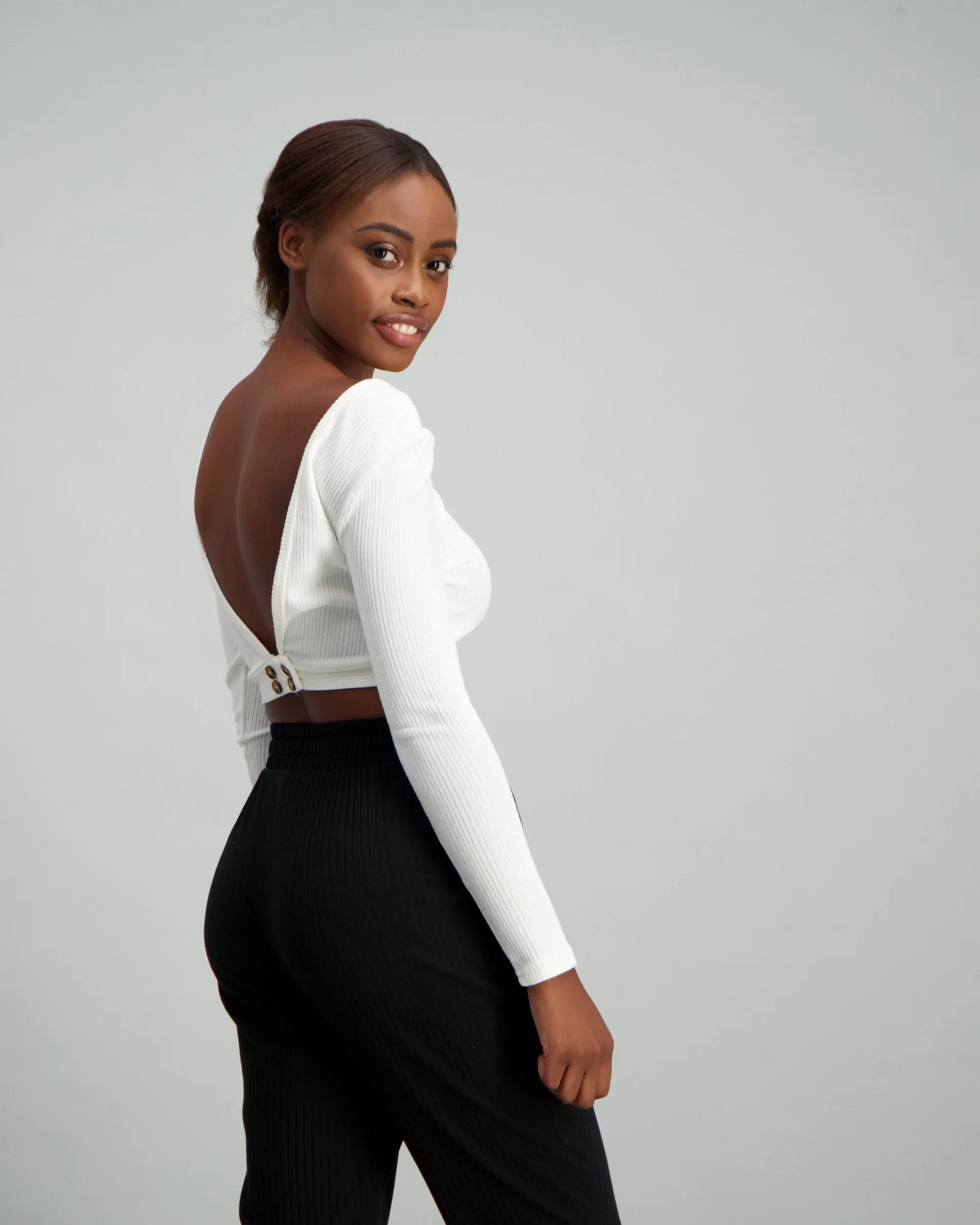 Ladies Long Sleeve V-Back Rib Top - White