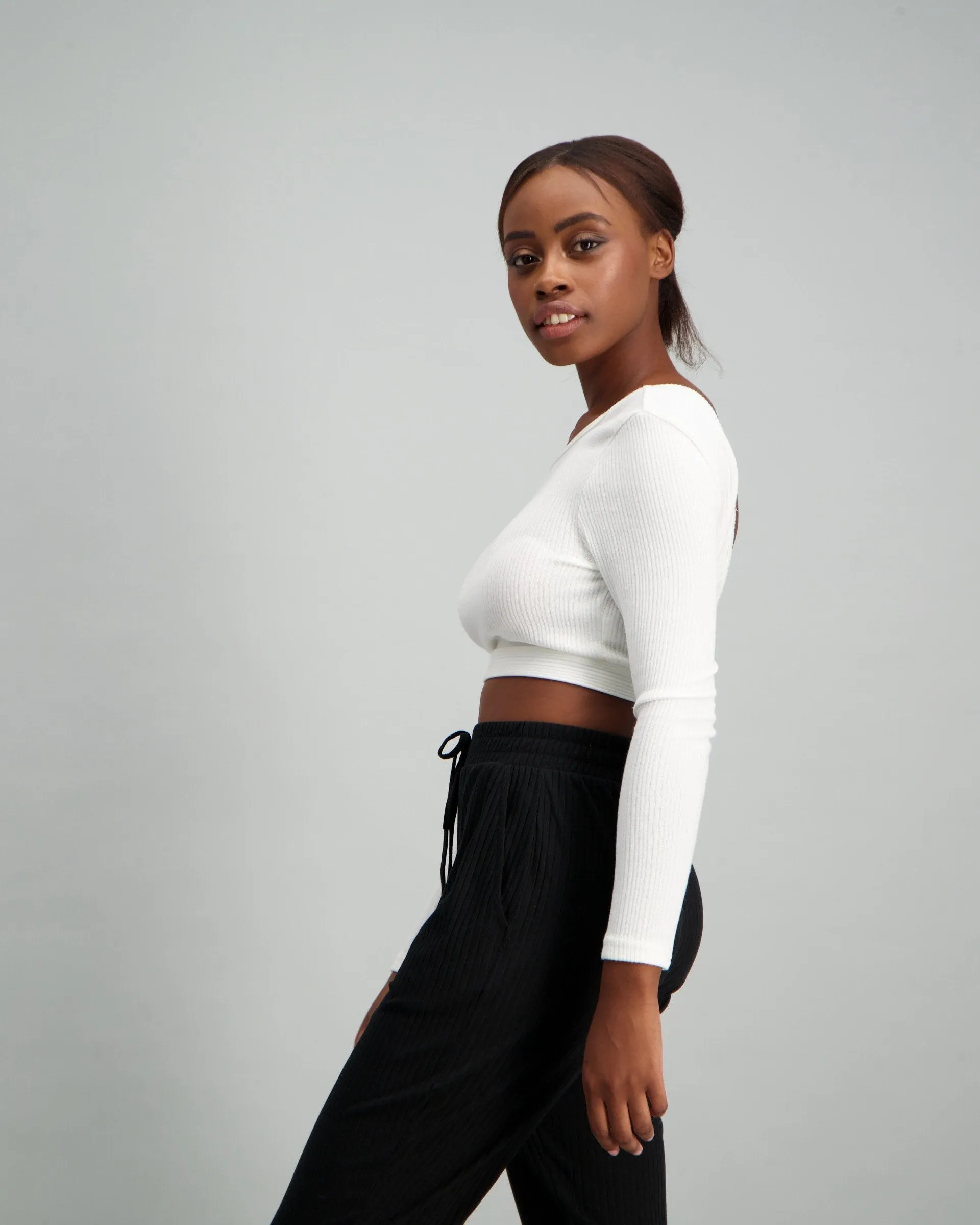 Ladies Long Sleeve V-Back Rib Top - White
