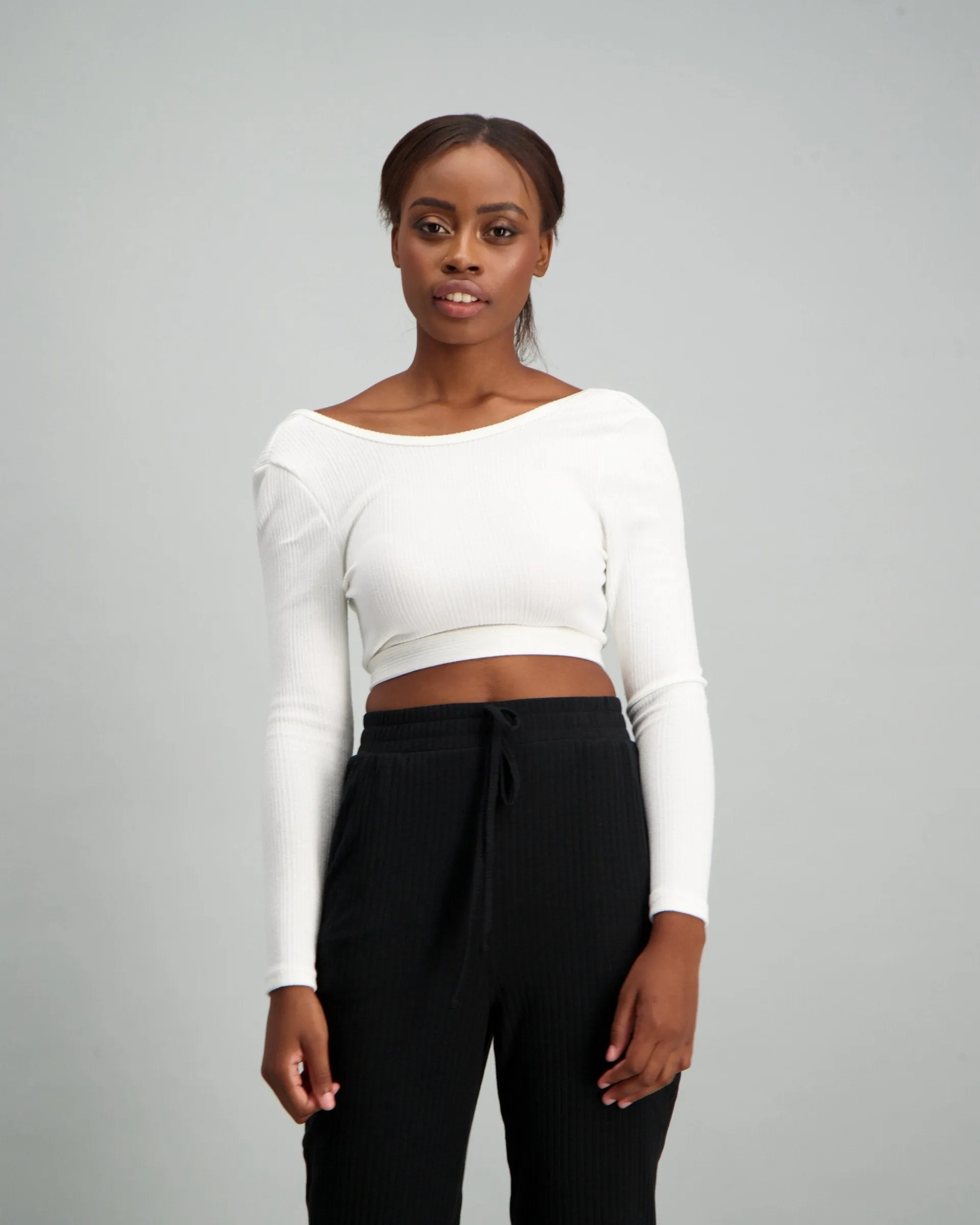 Ladies Long Sleeve V-Back Rib Top - White