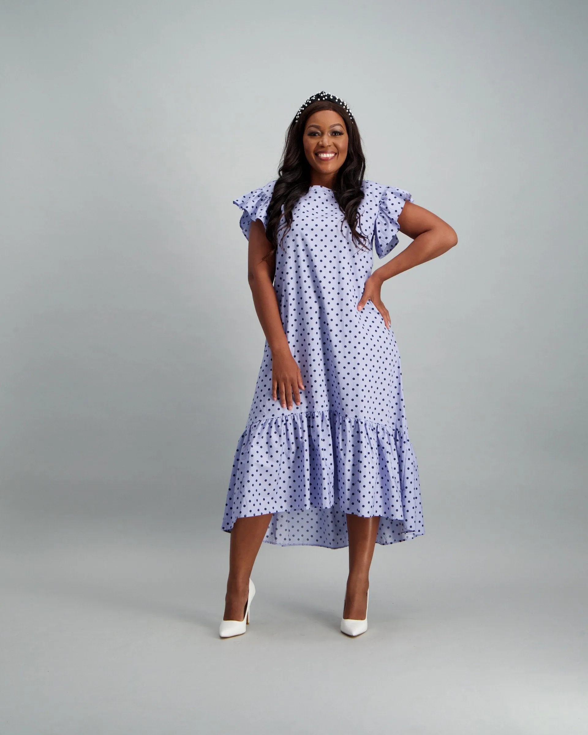 Ladies Polka Dot Hi-Lo Dress - Blue