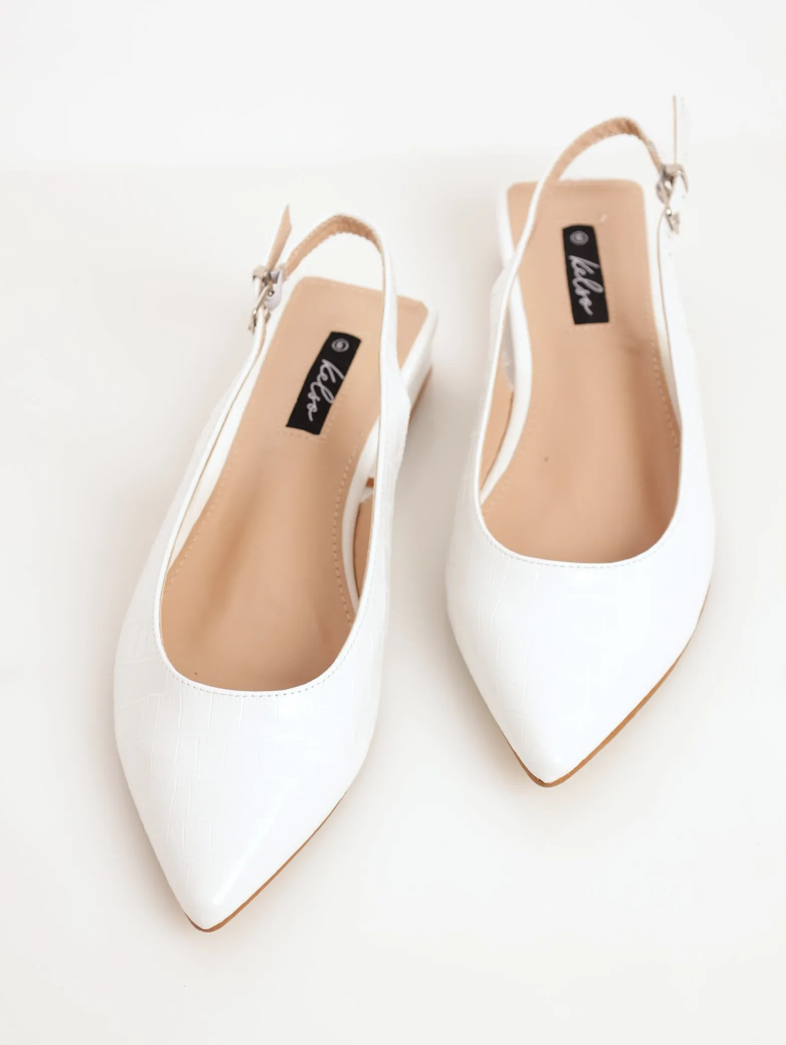 Ladies Textured Pointed Slingback On Block Heel - White