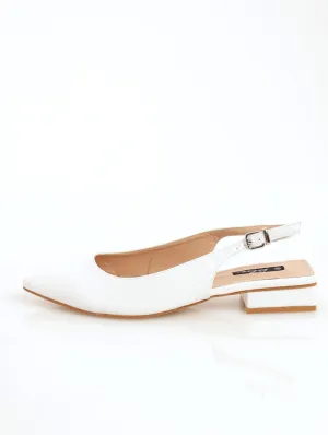 Ladies Textured Pointed Slingback On Block Heel - White