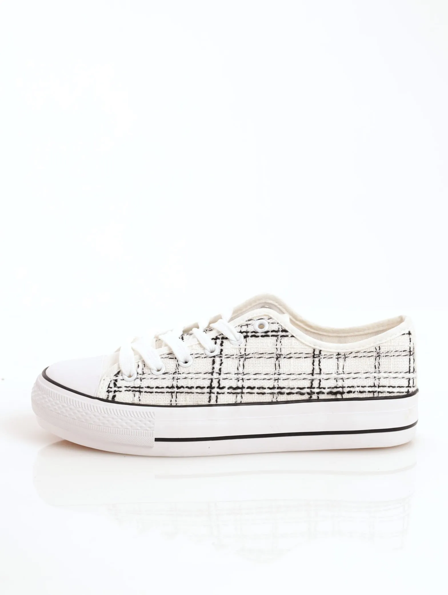 Ladies Tweed Plimsole Vulcanized Sneaker - White