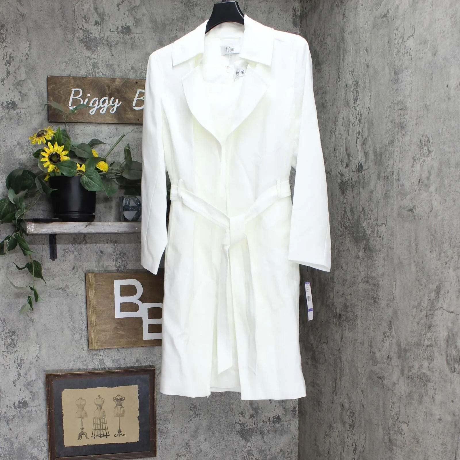Le Suit Crepe Belted Trench Jacket & Sheath Dress Suit Vanilla Ice White 18