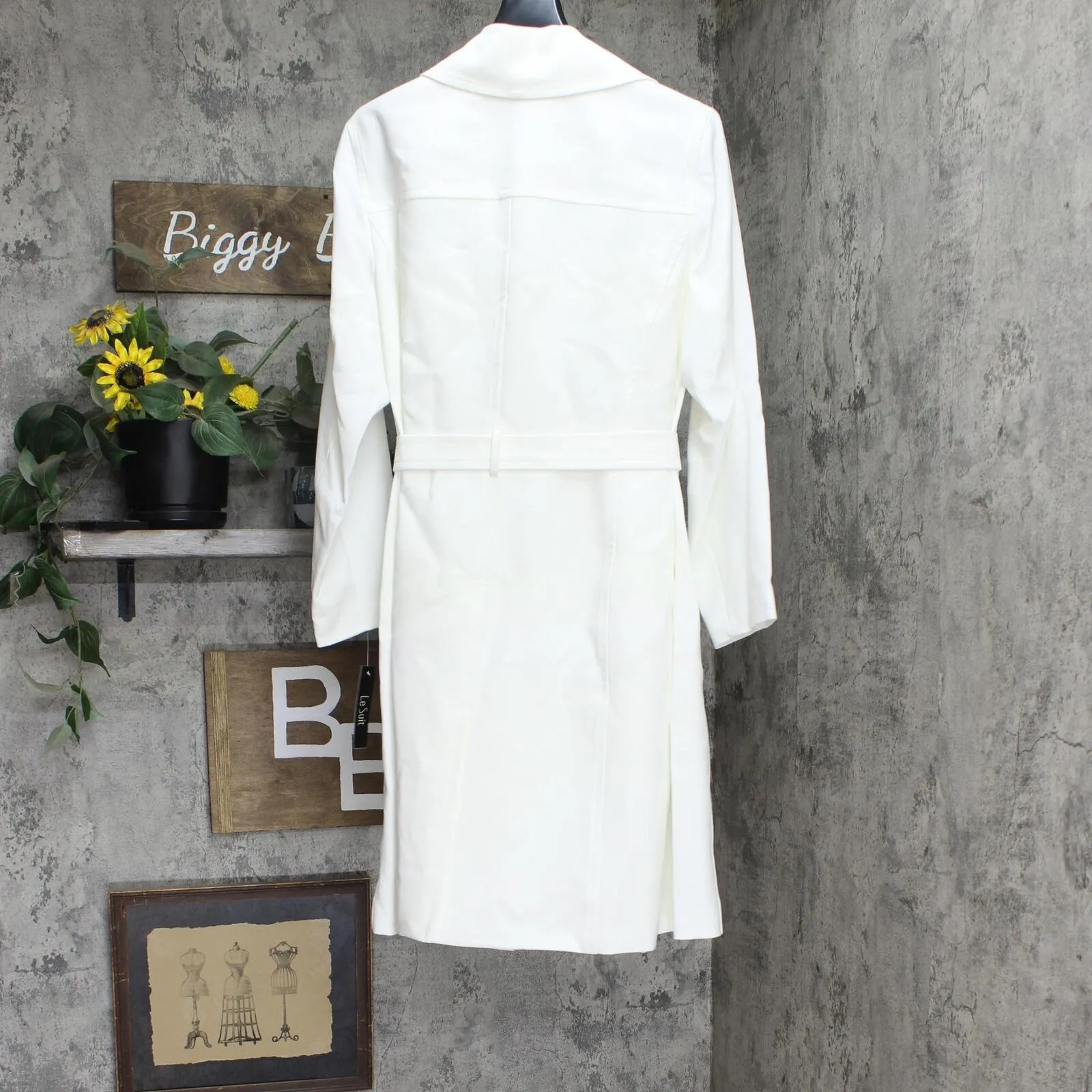 Le Suit Crepe Belted Trench Jacket & Sheath Dress Suit Vanilla Ice White 18