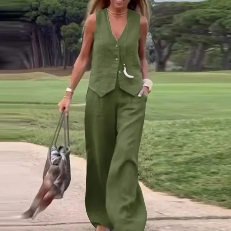Linen Two-Piece Set | Vest & Wide-Leg Pants | Breathable & Chic